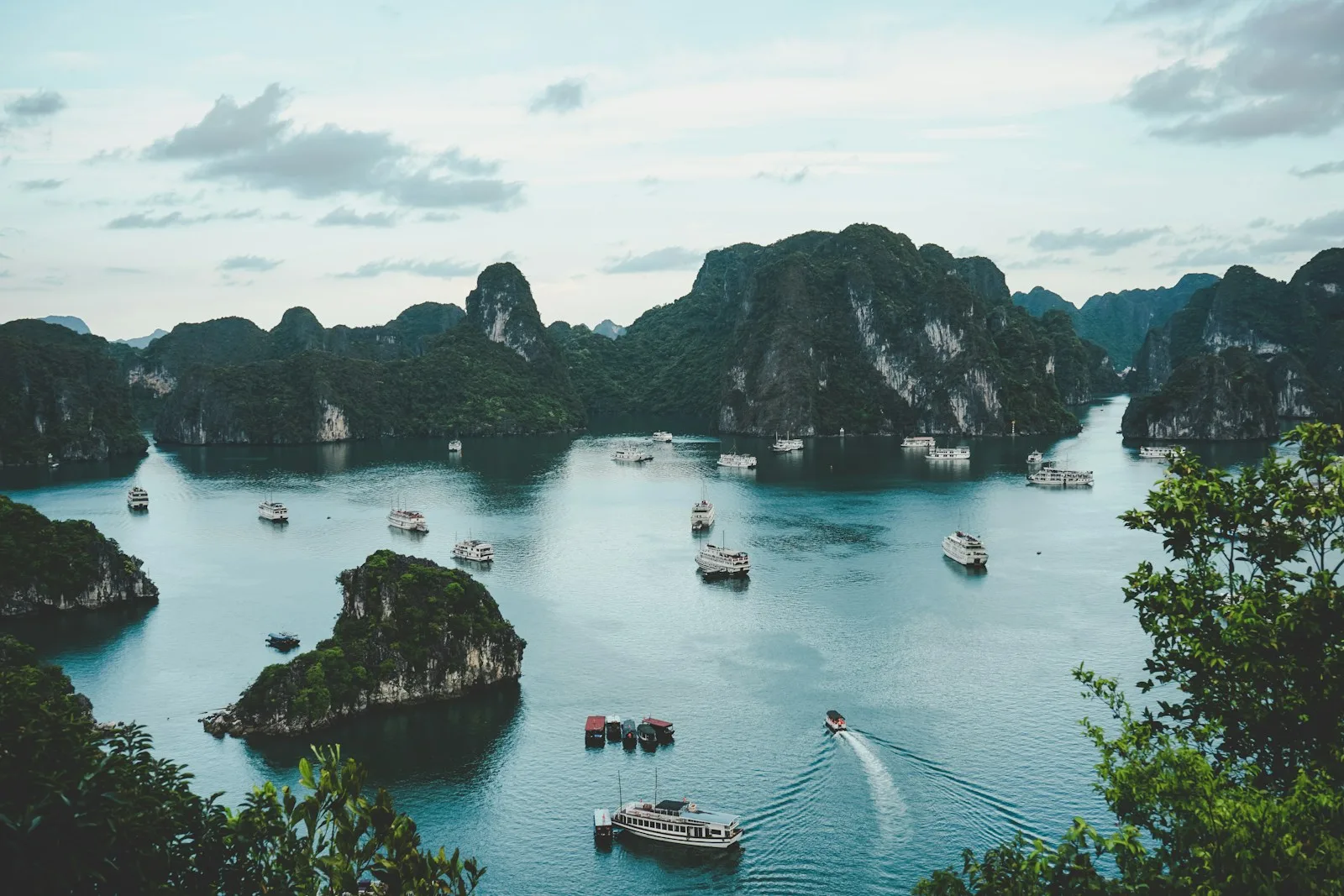 Limestone islands rising from the water in Ha Long Bay